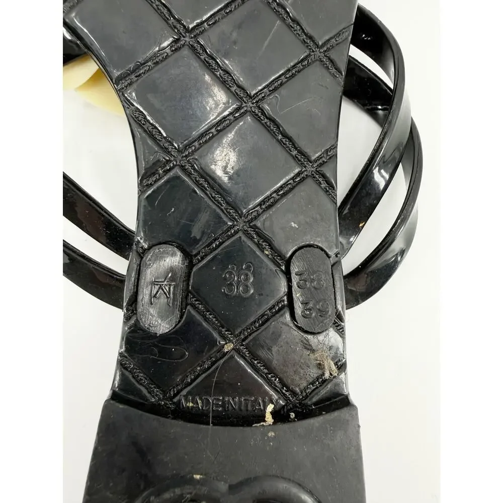 Chanel Camellia Jelly Thong Sandals Black Ivory Rubber CC Logo Flat Shoes 38
